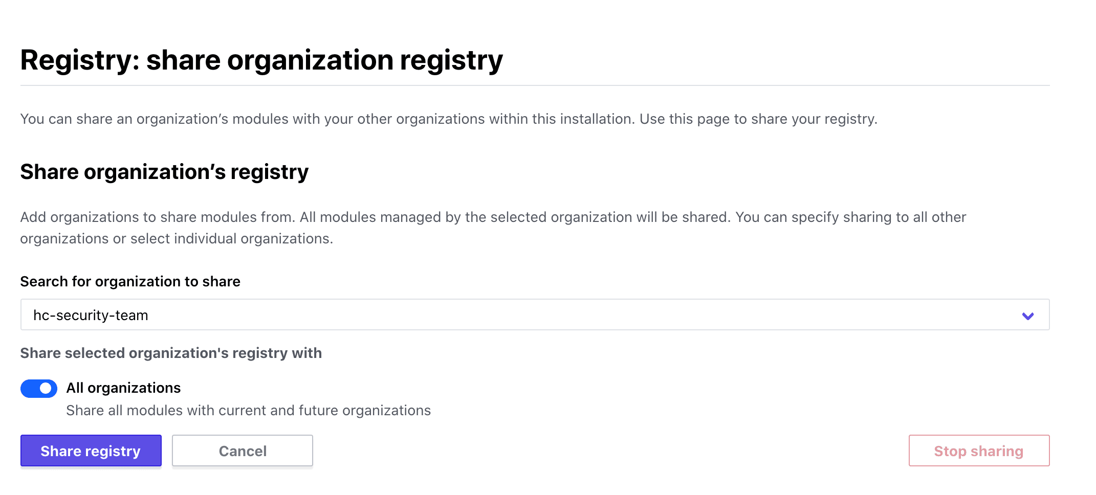 screenshot: manage shared registry page with global sharing enabled