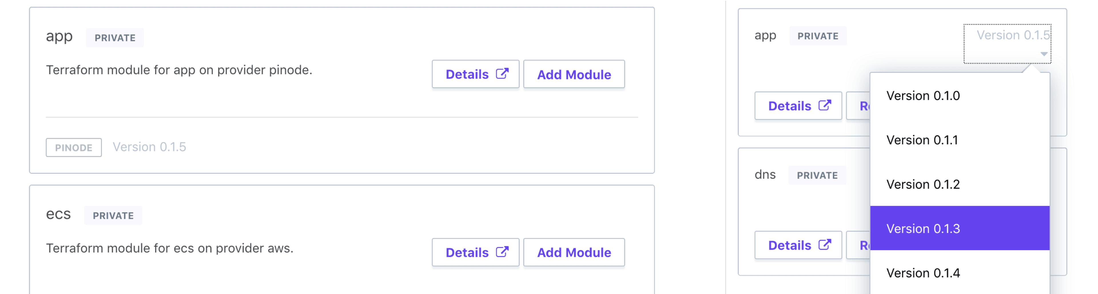 Terraform Cloud screenshot: setting a module version with the drop-down