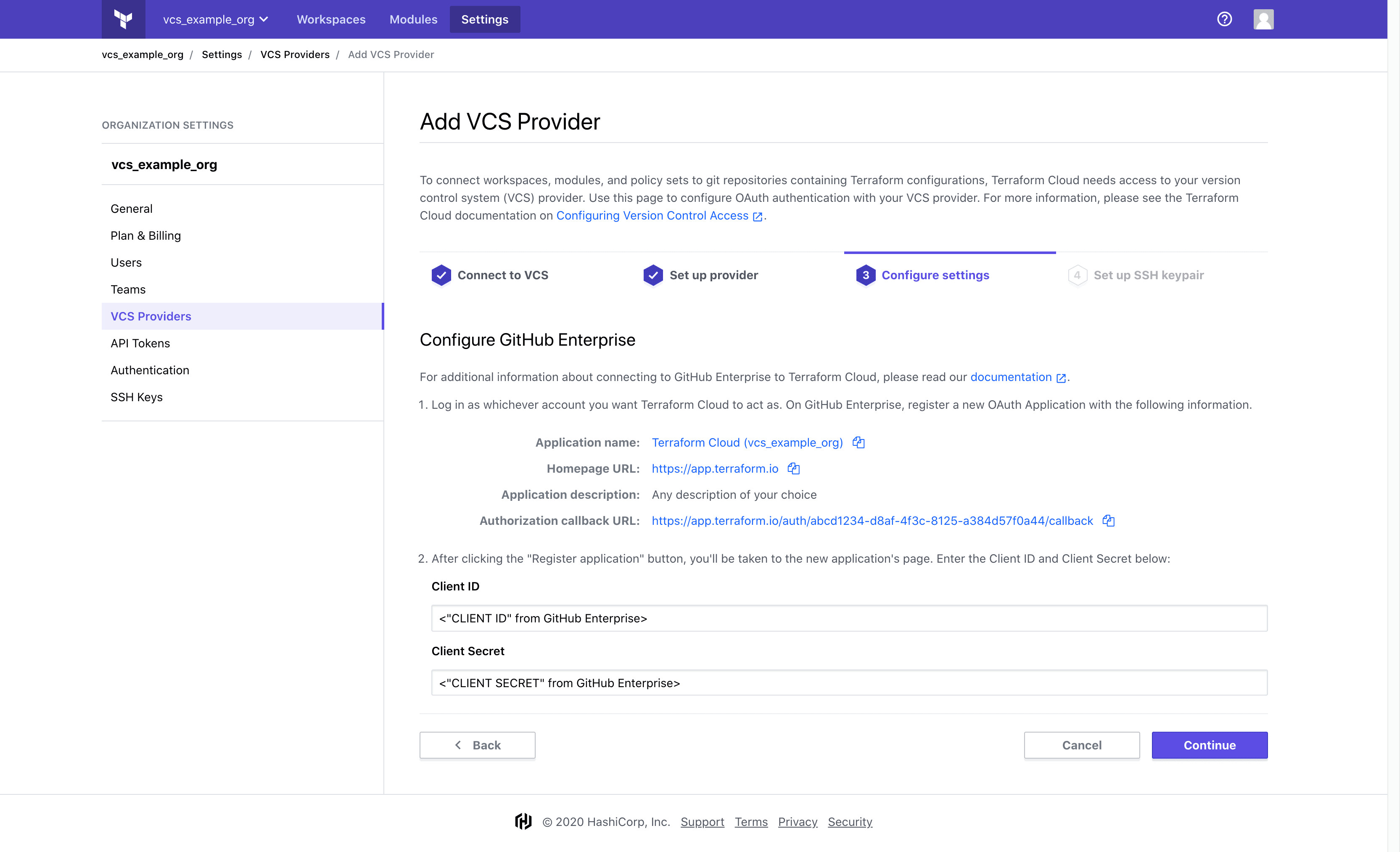 Terraform Cloud screenshot: add client fields