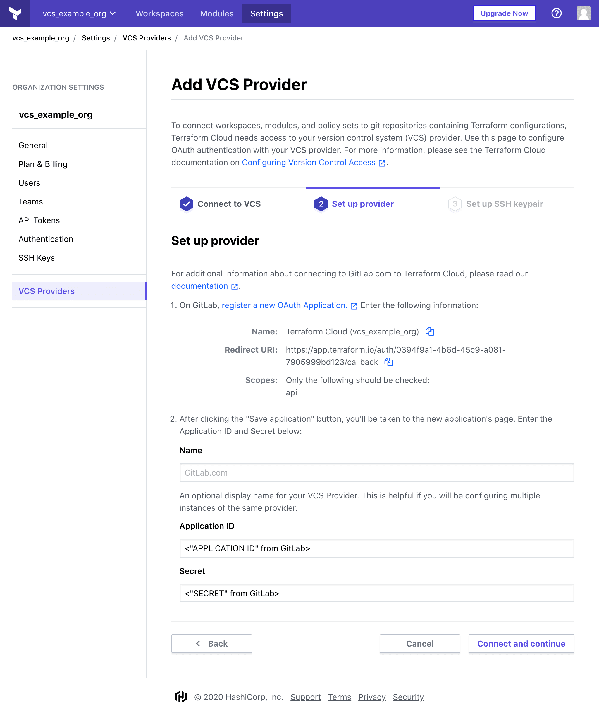 Terraform Cloud screenshot: redirect uri