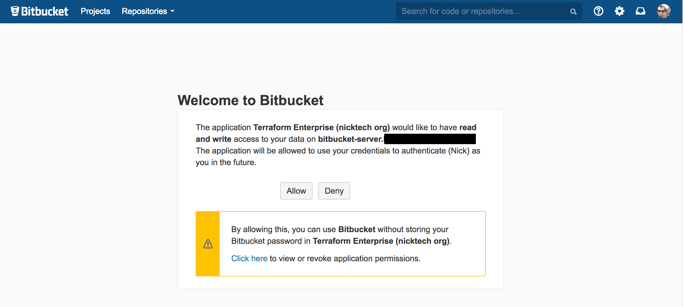 Bitbucket Server screenshot: the authorization page