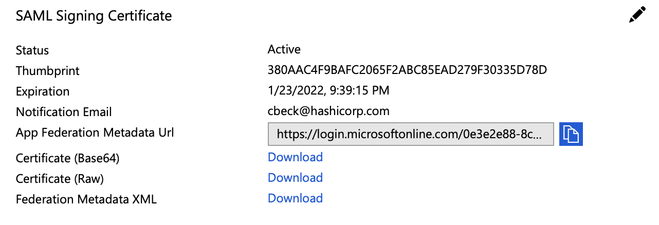 Screenshot: Download the SAML signing certificate