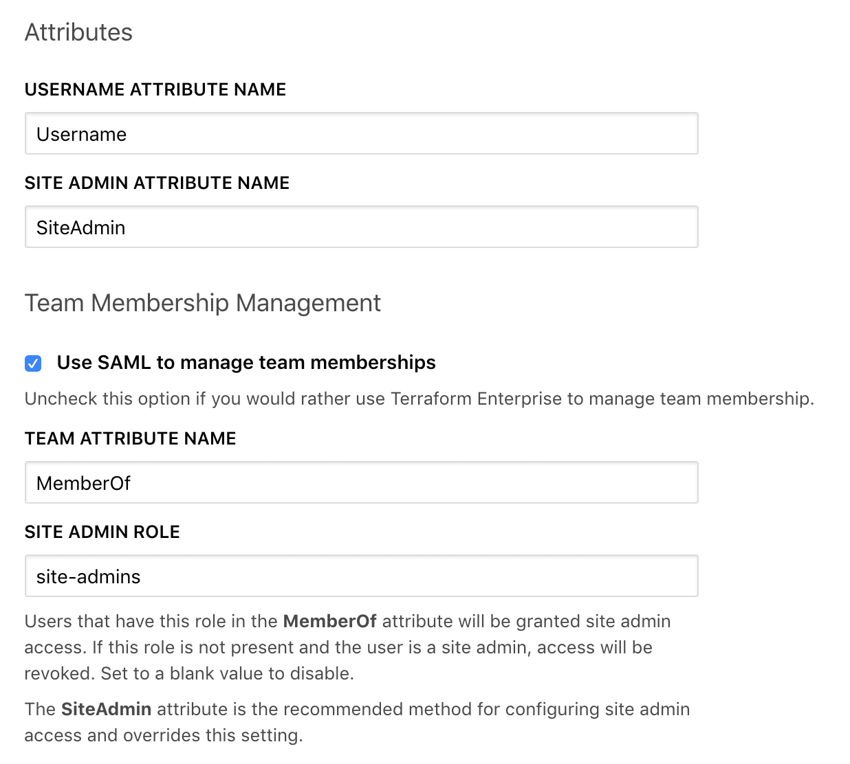 Screenshot: the Terraform Enterprise SAML team membership checkbox