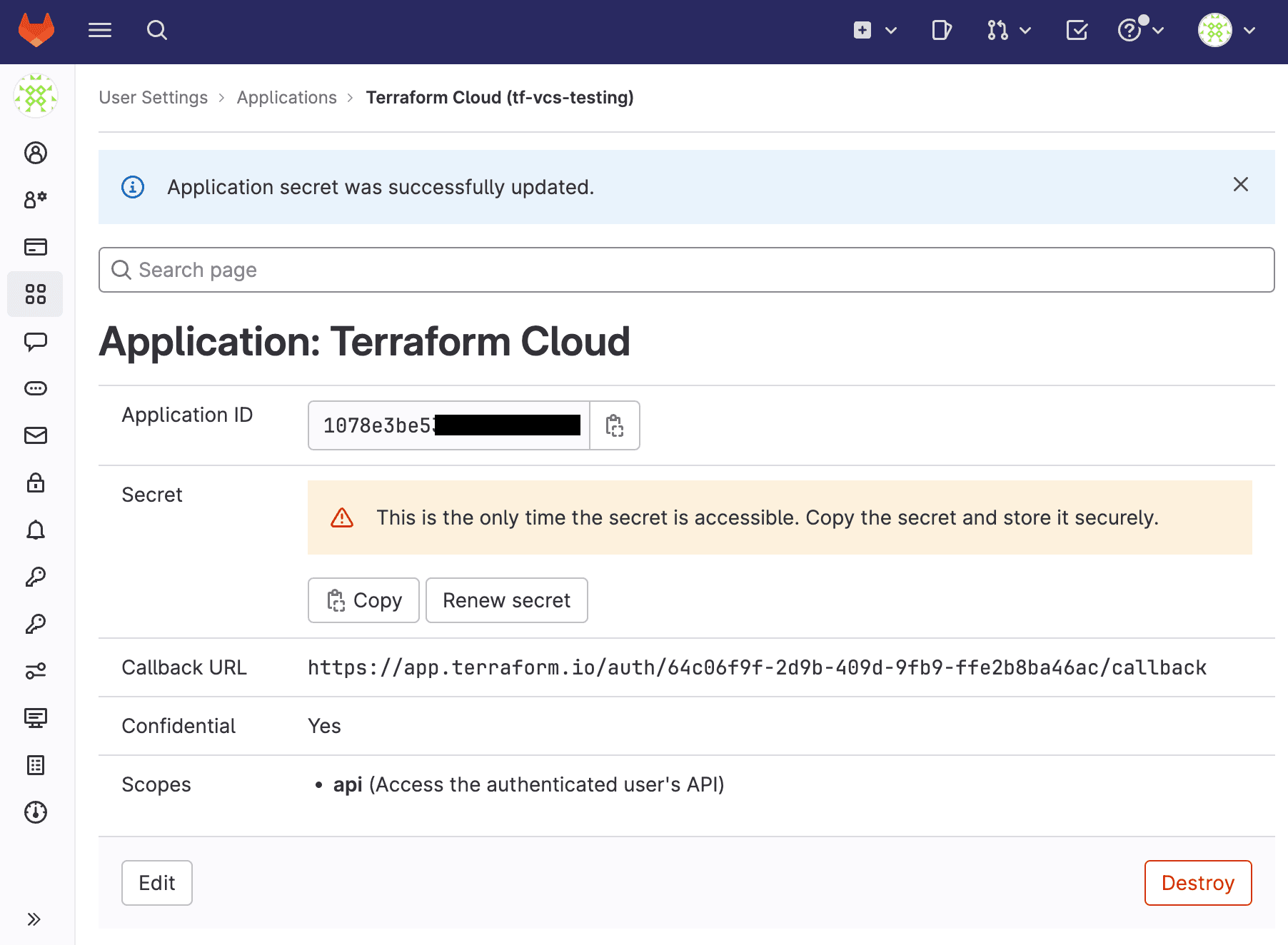 GitLab screenshot: the new application's application ID and secret