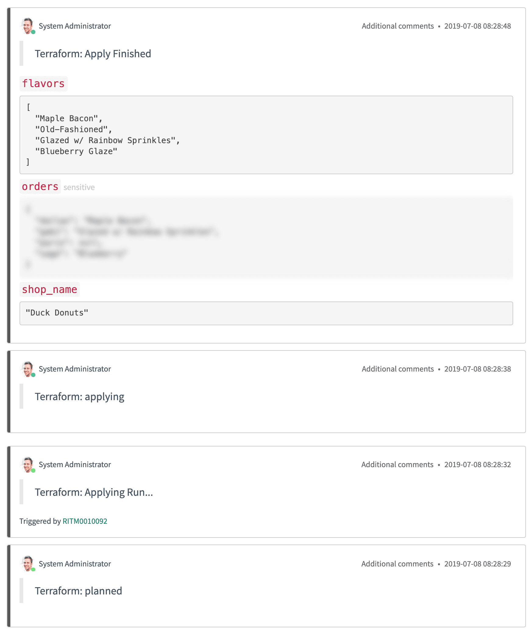 screenshot: ServiceNow integration comments