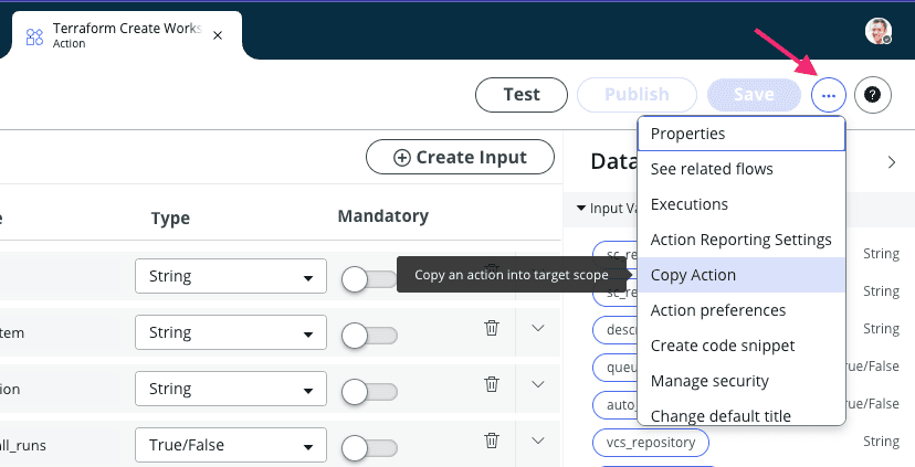 Screenshot: ServiceNow Copy Action