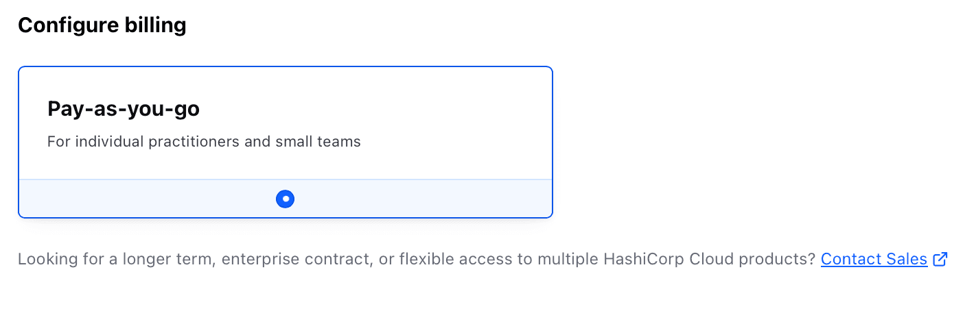 Screenshot: A list of options for the user to configure their billing model. For this example, only pay-as-you-go is presented, with the option for the user to contact sales for a long-term enterprise contract