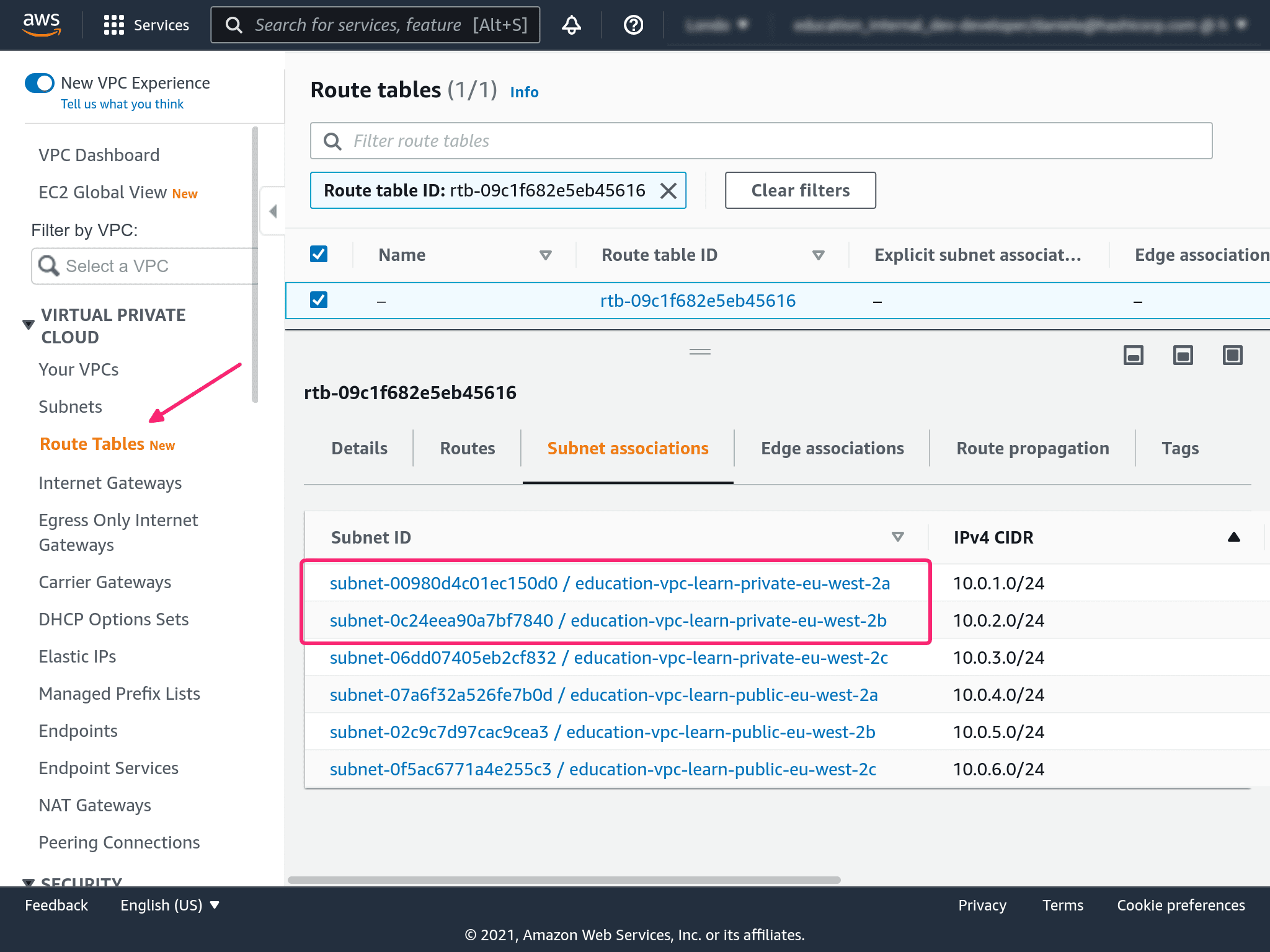 AWS console VPC details