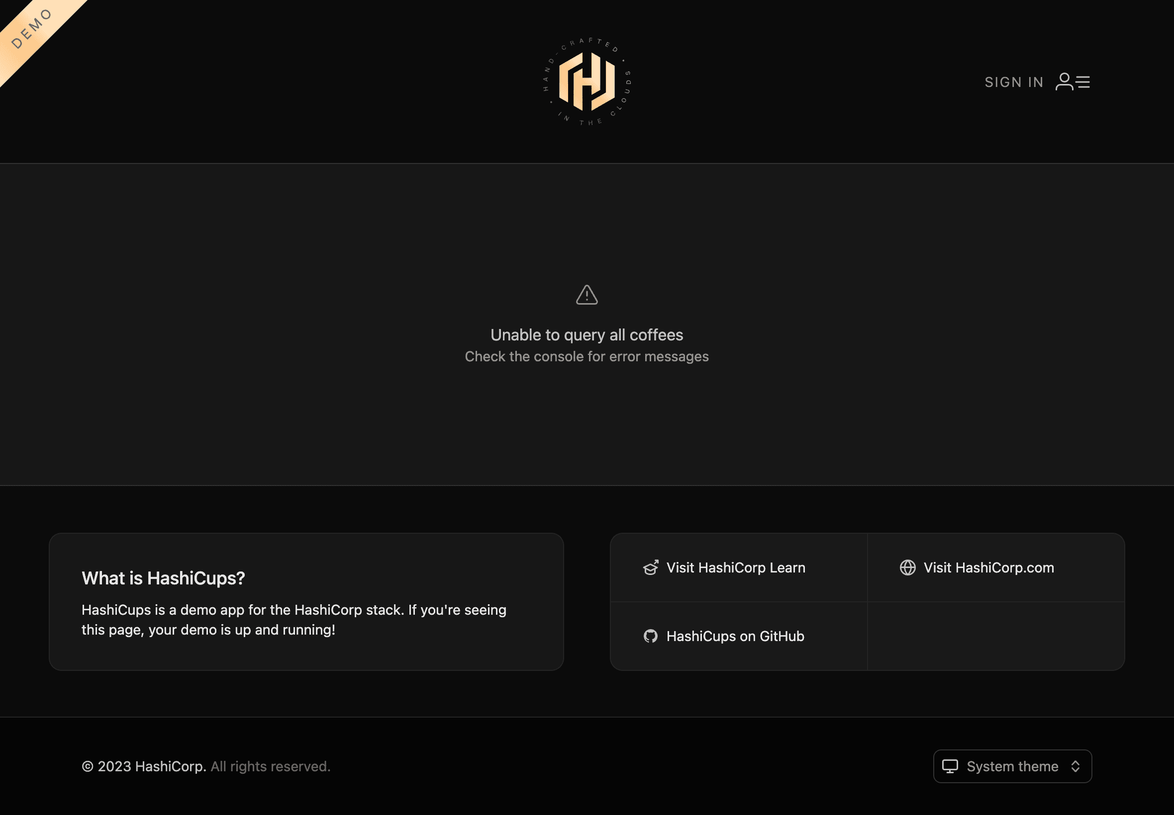 HashiCups demo application not displaying coffees because public-api cannot connect to products-api