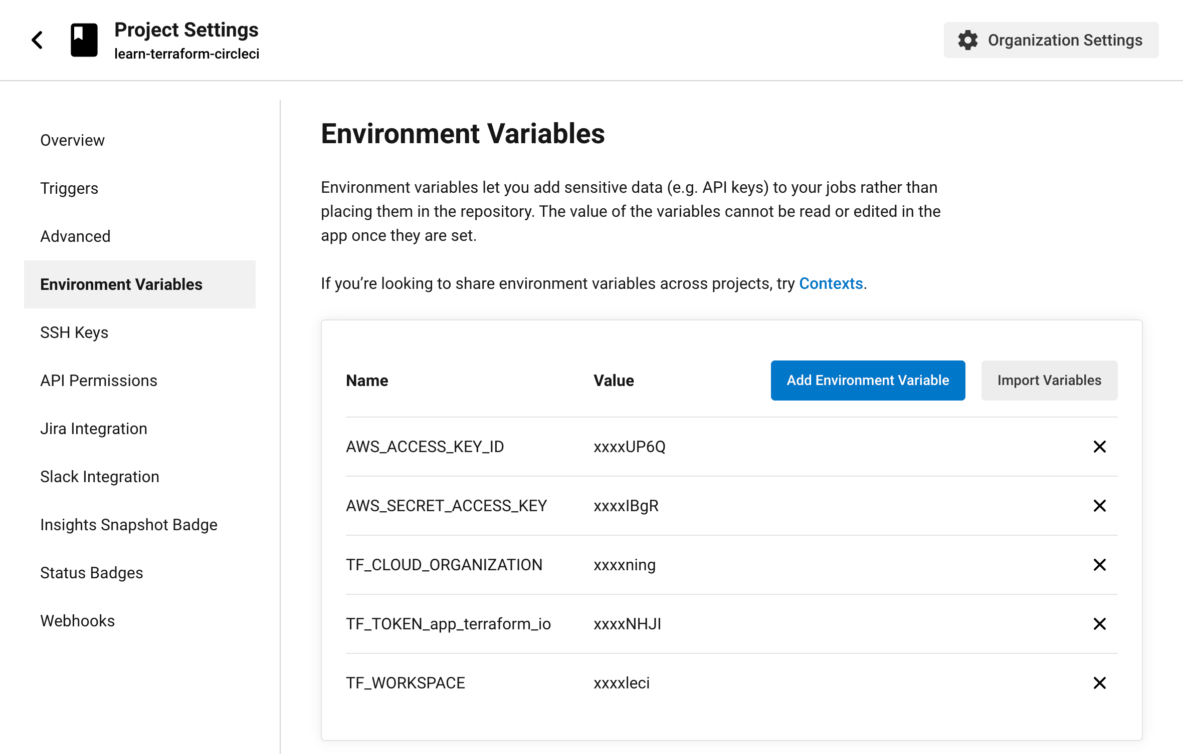 CircleCI project environment variables