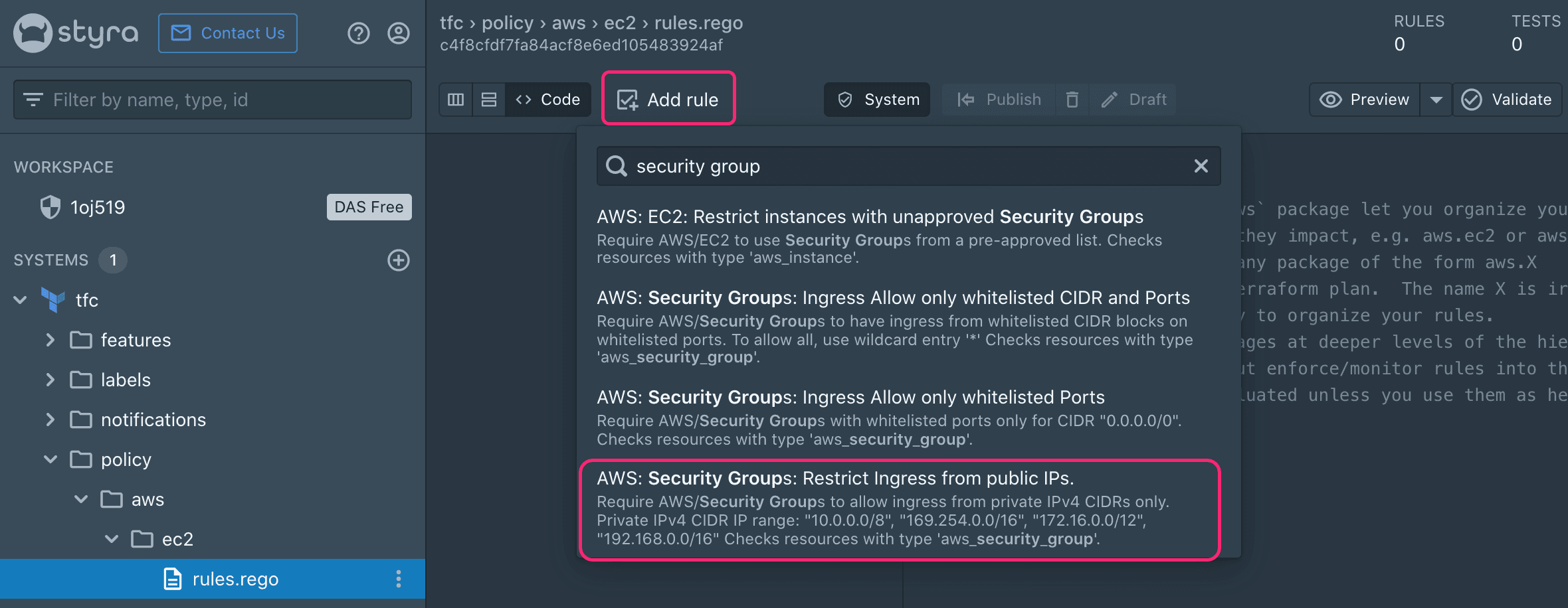 Add security group policy to Styra system