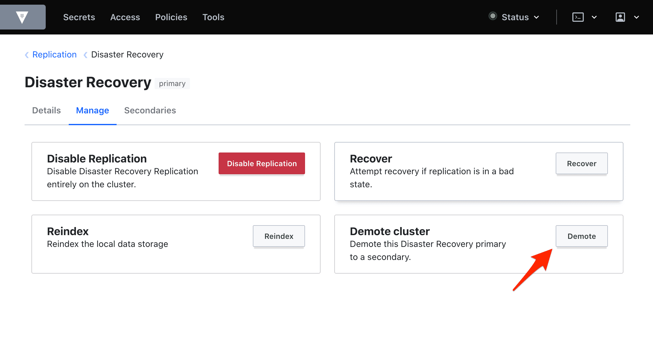 Demote Cluster option in DR primary