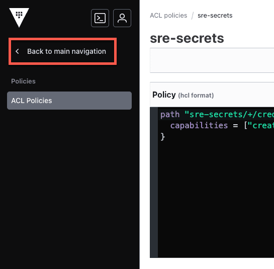 Vault UI showing the ACL policies page with the back to main navigation link
highlighted