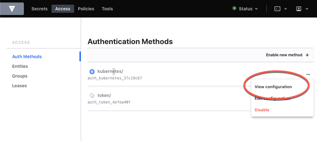 Access - kubernetes auth configuration