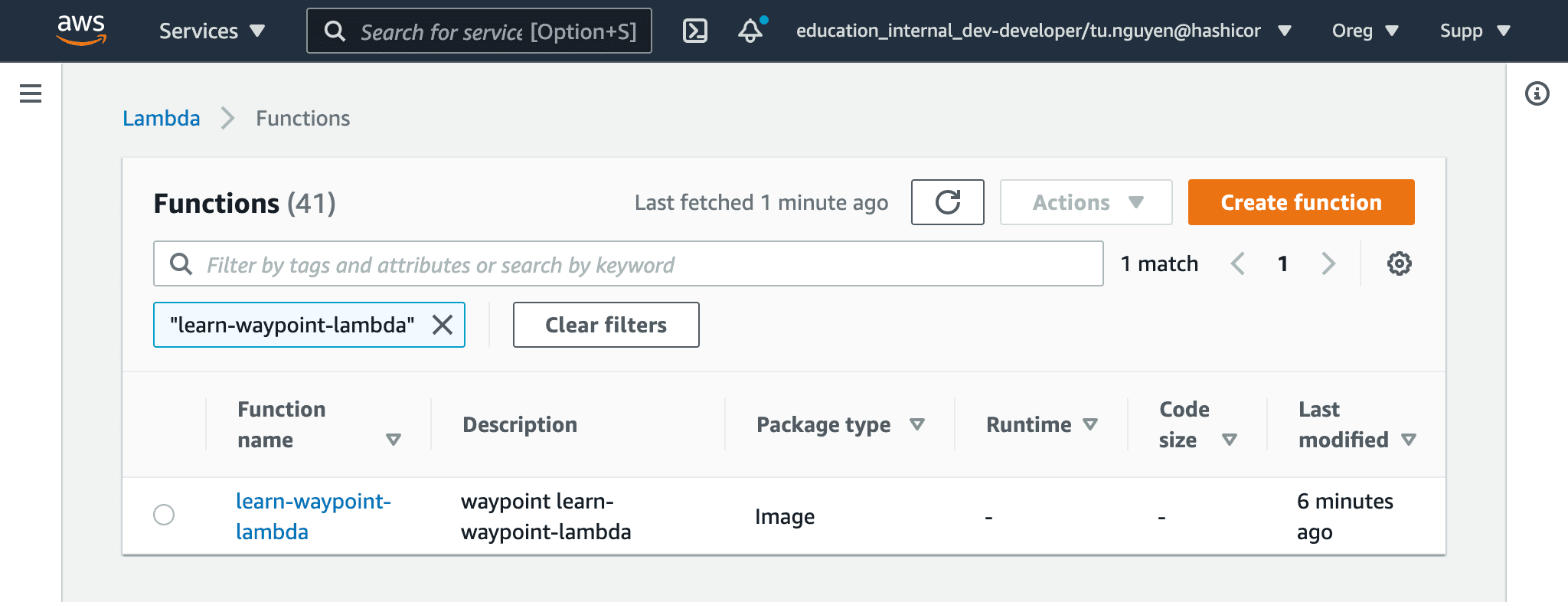 Lambda Console showing deployed Lambda function