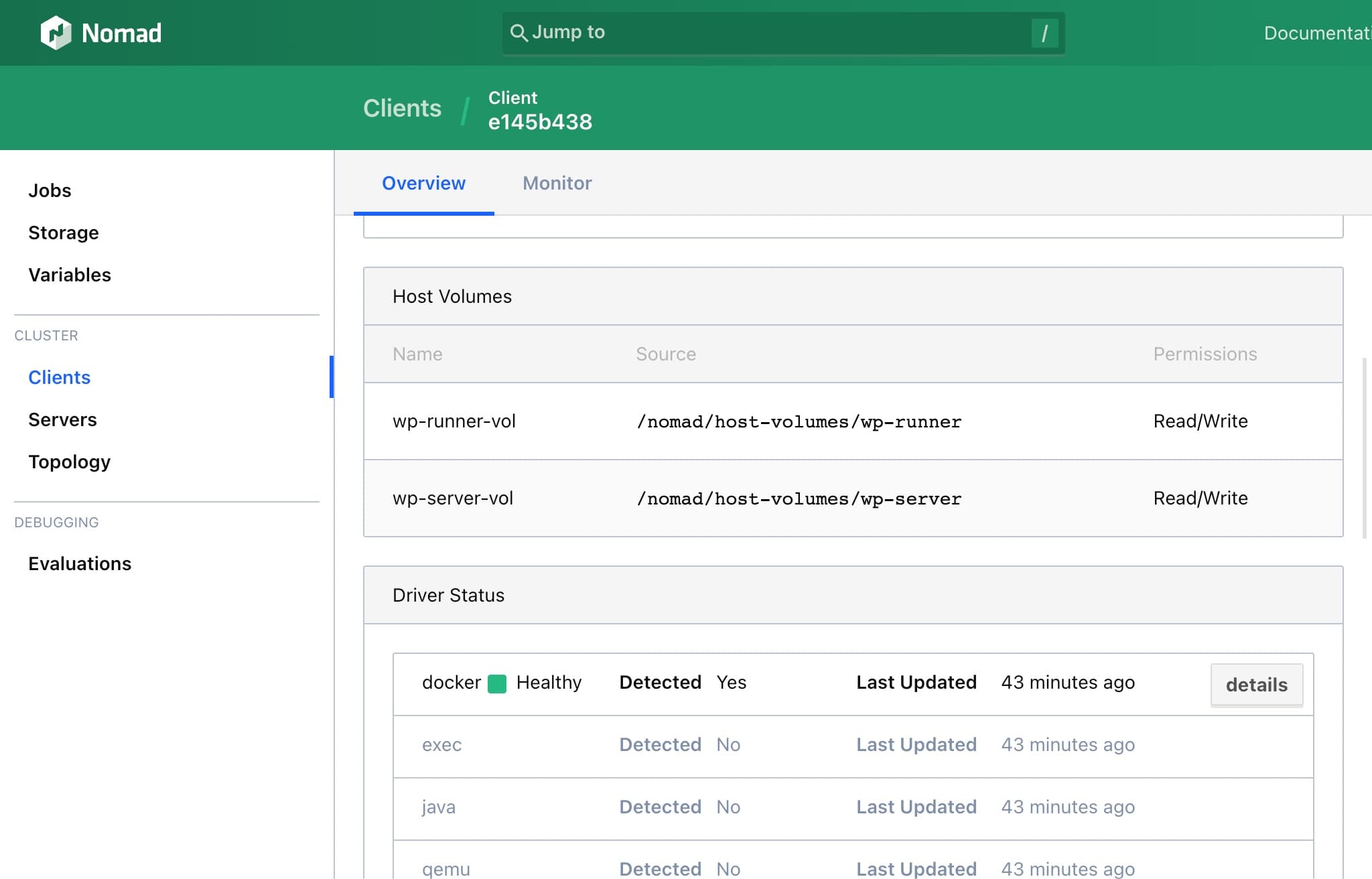 Nomad UI showing the host volumes of a client