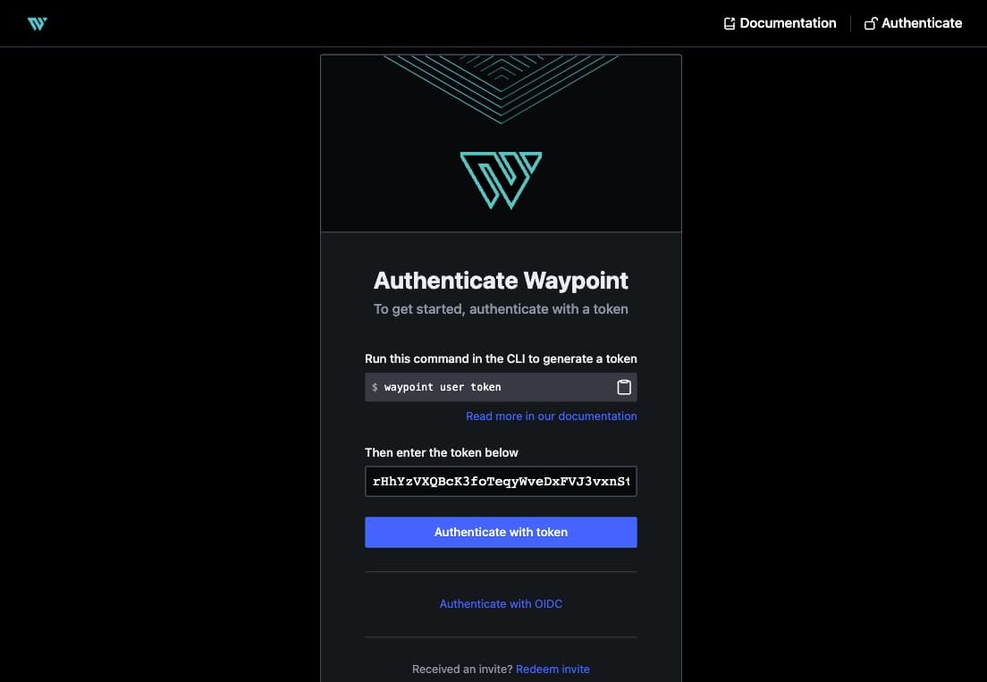 Waypoint UI displaying the authetication page